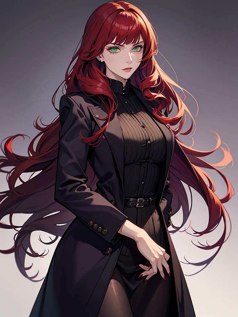 mature woman, green eyes, red hair with long bangs, noble, mafia. sadistic women, wavy long hair. wear black purple jacket. strong woman. background in mansion