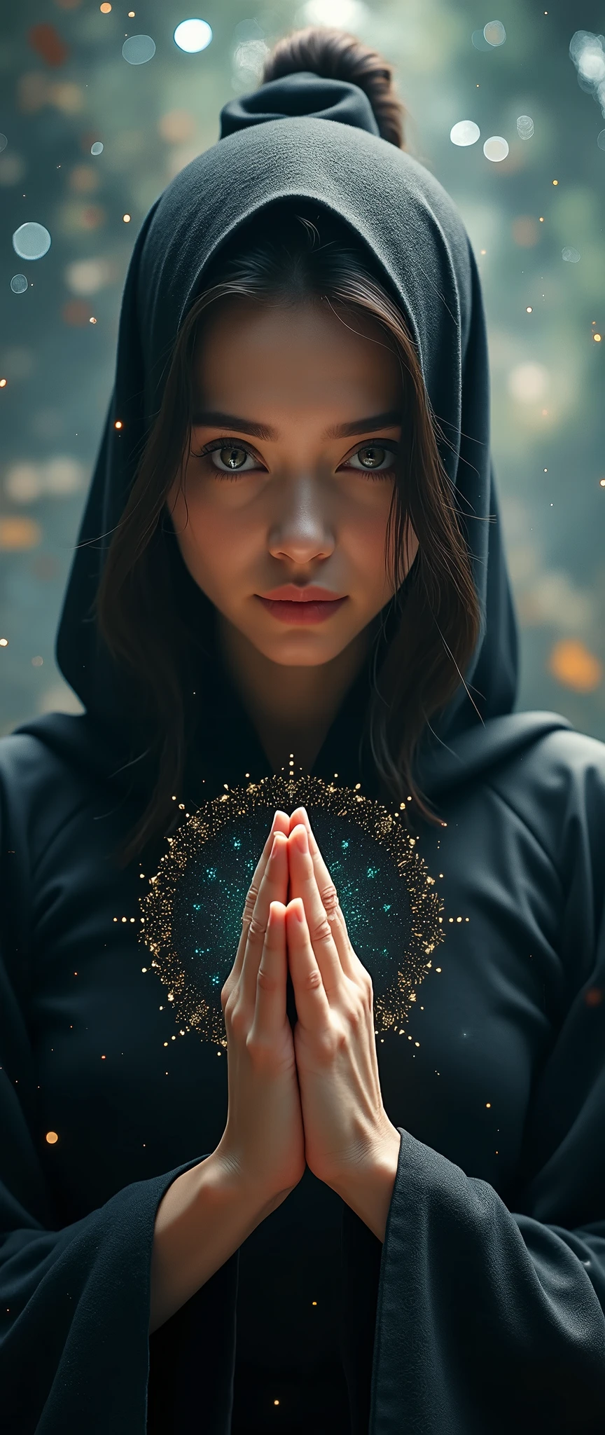 (masterpiece:1.2,Exceptional Quality,mirror-like,Cinematic Experience,Photorealistic:2.0,RAW Photos:2.0,Super detailed),8k,wallpaper,(1 female),(Detailed hand drawing:2.0),(Beautiful female hands:2.0),(A female ninja sage in the world of illusion:2.0),(Ninja black costume:2.0),(Look this way),(Beautiful Eyes,Beautiful and shining eyes),(Women are on the brink of enlightenment:2.0),(She is meditating:2.0),(The woman's body is enveloped in an aura of enlightenment:2.0),(The background is the universe made up of 3,000 worlds:2.0),(VFX:2.0,CG:2.0)