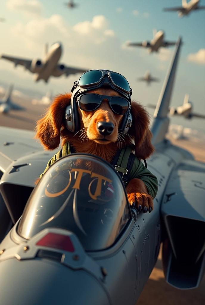 Dachshund Longhaired Brown、Boarding the cockpit of a landing F15 fighter jet、The canopy is open、The body of the fighter「JTt」it is written like this、Wearing sunglasses、Fighter pilot suit、He has a fighter pilot helmet、In the background An airfield in a hotly contested area where fighter planes are fighting