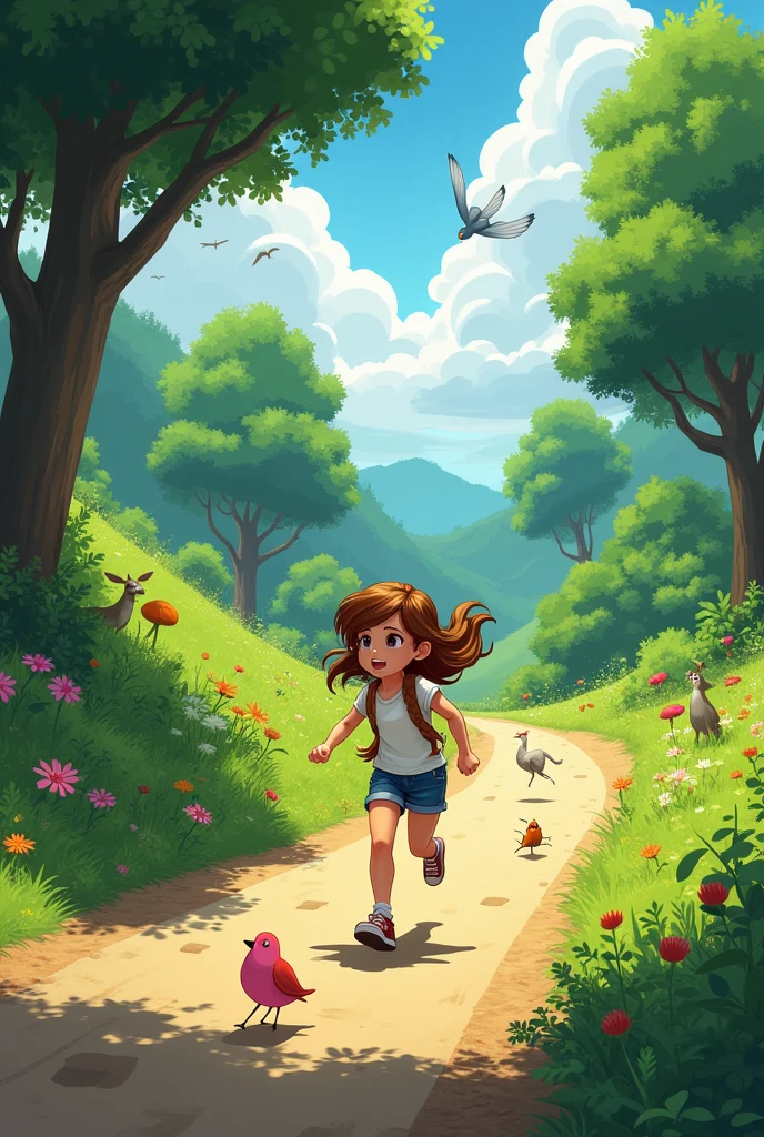 A girl run in the road side by side green tree
And many animals are moving in their surrounding