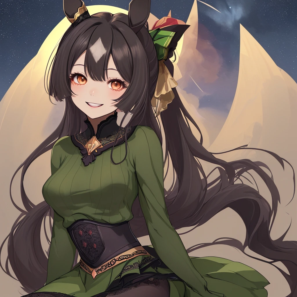 Highest quality、Highest quality、Highest Resolution、masterpiece、Anime Drawing、solo。Dark green shoulderless long knit。pantyhose。lipstick、smile、teeth。Beautiful breasts、Touch your head with your hand、Active Posing。Black Hair、Long Hair、ponytail。Lots of hair ornaments。Beautiful child with horse ears。Night Sky、breeze、Chest centered。