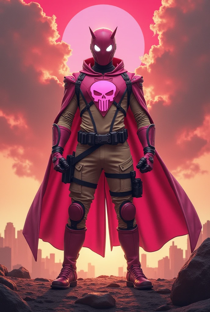 high-tech suit, posterize effects, malaysian superhero (KELUANG MAN) in a striking pink and biege costume stands confidently in a dramatic, stormy landscape. The character wears domino mask beige a helmet beige with pointed ears beige and a flowing cape beige color. Pink jumpsuit cyberpunk concept.. Equipped with beige visible futuristic weapons on a belt,((white eyes)) they exude a powerful presence against a backdrop of swirling clouds and a red hue sky.((Scale honeycomb hero concept))The ground is uneven and rocky, pink cargo pants..city background . Triangle shape logo on chest. Logo punisher on chest pink color.. --ar 3:4 --style raw --stylize 500 --v 6.1. red pink and beige costume.
