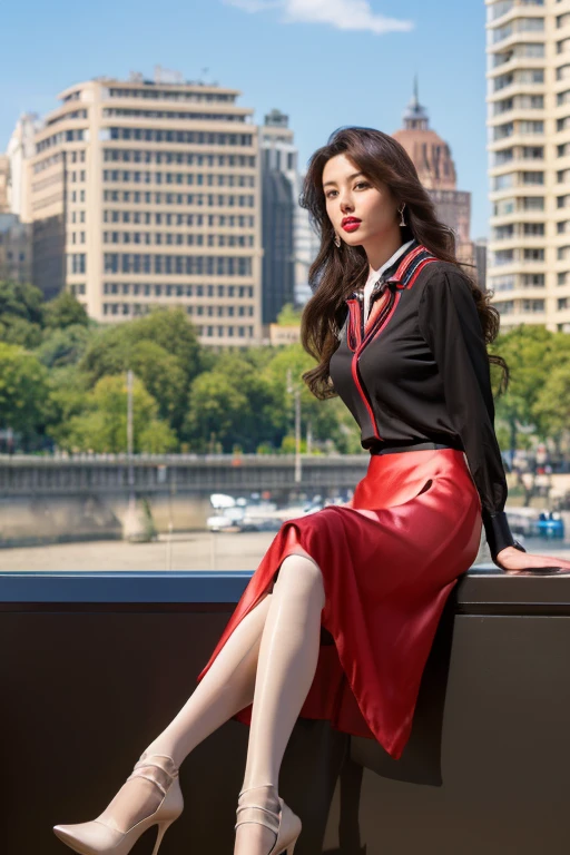 (Highest quality, masterpiece, Ultra-high resolution、8k), (Delicate face、Detailed eyes and face、Perfect Eyes、Lustrous red lips)、(Full Body Portrait)、 1 girl 、Slim and tall、Long thin legs、Dark brown hair , (Colorful collared shirts、Midi Skirt:1.2) , (silk pantyhose)、Large Breasts、Highly detailed face and skin texture、 (Modern architecture in the background)、Sitting in stiletto heels、(((Perfect Anatomy、Anatomically correct)))