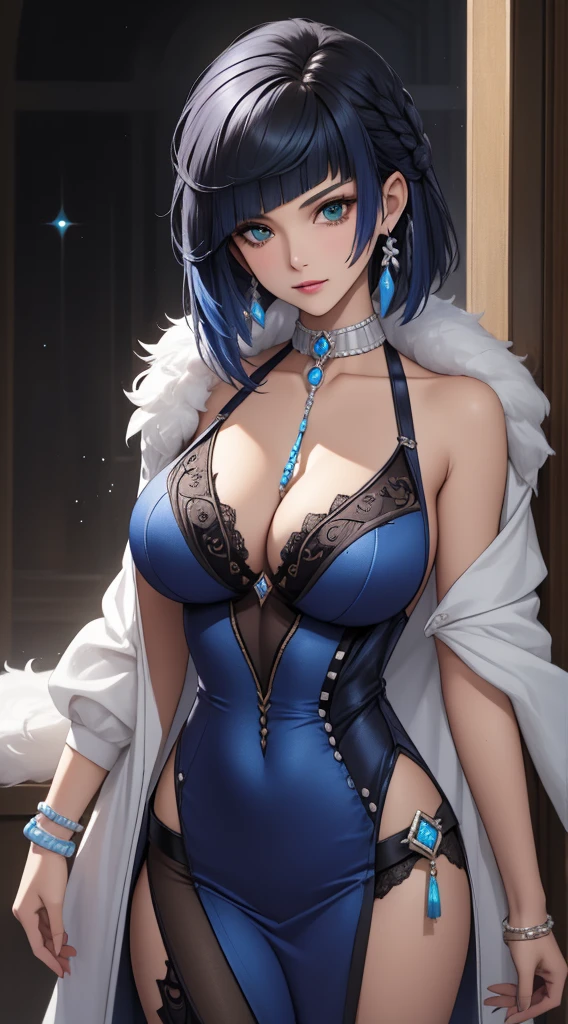 Yelandef, Best quality, masterpiece, realistic, Beautiful sexy cool tall, slim, fit woman, wearing fancy silver-blue short sequin dress, intricate and highly detailed, cleavage, long silver hair, body chain, jewelry.