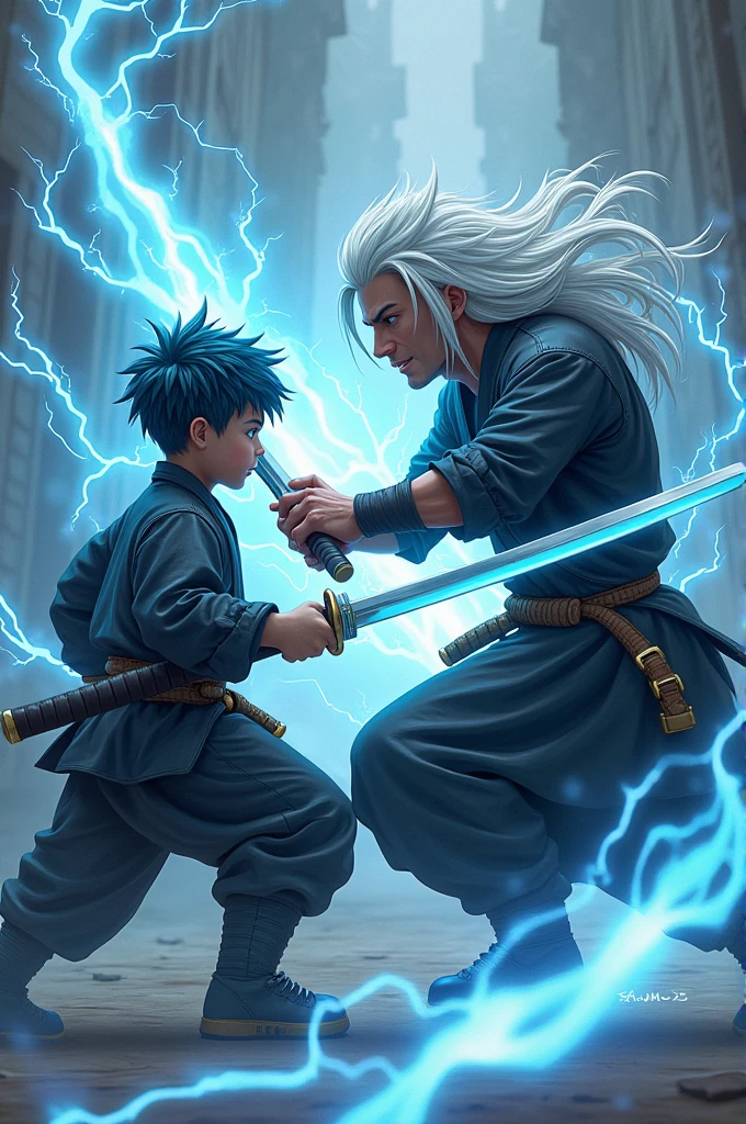 Create a boy with short white and blue hair, and his young father with long white hair and cyan blue highlights,  wrapped in electrical energy, They are both in a sparring match with katanas, They are wearing dark futuristic uniform-like clothing, the father is muscular