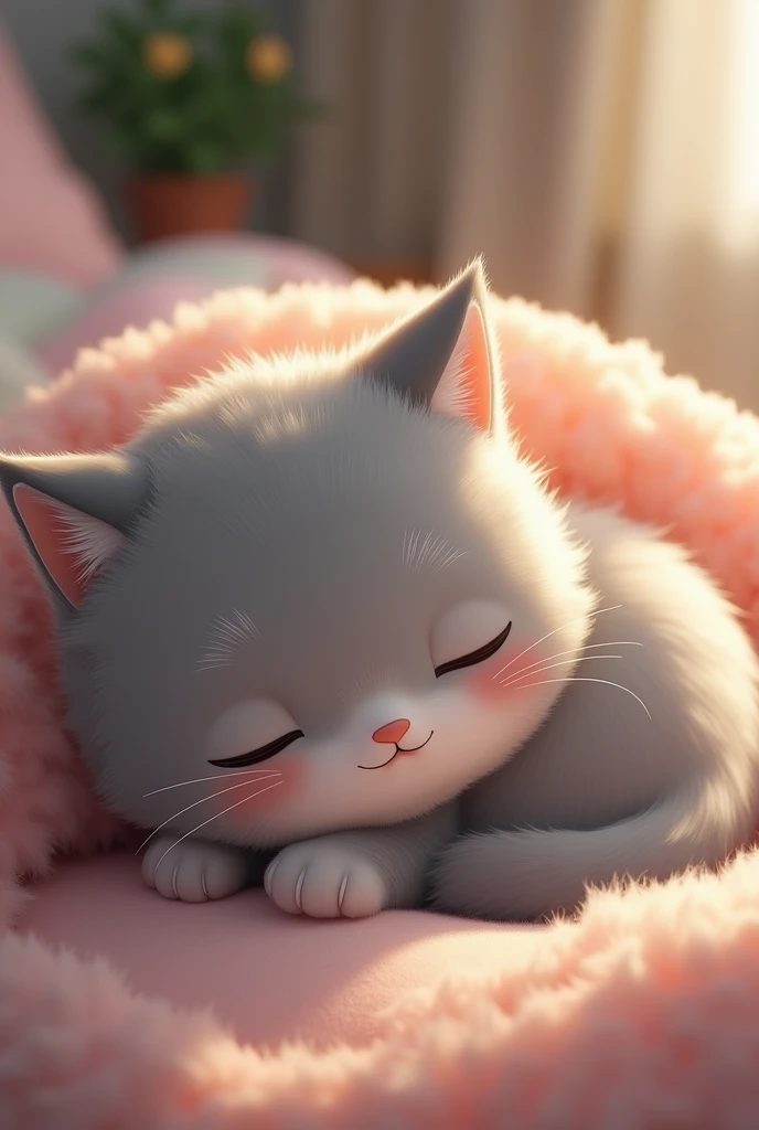 (photorealism:1.2), a anime chibi cat, gray, sleep, cute