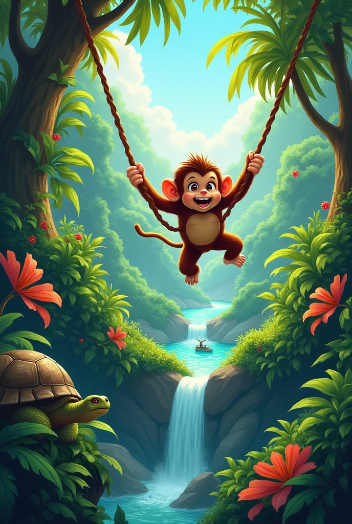 Sure! Here's a detailed image prompt based on the story:
**"In the heart of a lush, green jungle, a young monkey named Kiki swings energetically from vine to vine, her eyes gleaming with excitement. The dense foliage around her teems with vibrant, exotic plants and flowers. In the distance, a shimmering river glistens under the sunlight. Kiki encounters a wise old tortoise named Toma, who is perched on a large rock, offering advice with a gentle gaze. Nearby, a narrow, treacherous ravine presents a challenge, and Kiki, with Toma's help, carefully navigates it. Beyond the ravine, the river sparkles invitingly. Kiki, now back in her jungle home, shares her story with her friends, who listen attentively. The scene captures the rich greenery of the jungle, the river’s sparkle, and the sense of adventure and wisdom conveyed through Kiki’s journey."**