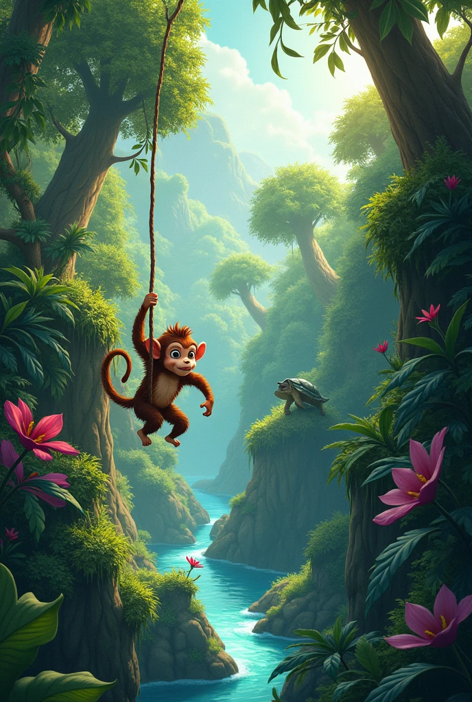 Sure! Here's a detailed image prompt based on the story:
**"In the heart of a lush, green jungle, a young monkey named Kiki swings energetically from vine to vine, her eyes gleaming with excitement. The dense foliage around her teems with vibrant, exotic plants and flowers. In the distance, a shimmering river glistens under the sunlight. Kiki encounters a wise old tortoise named Toma, who is perched on a large rock, offering advice with a gentle gaze. Nearby, a narrow, treacherous ravine presents a challenge, and Kiki, with Toma's help, carefully navigates it. Beyond the ravine, the river sparkles invitingly. Kiki, now back in her jungle home, shares her story with her friends, who listen attentively. The scene captures the rich greenery of the jungle, the river’s sparkle, and the sense of adventure and wisdom conveyed through Kiki’s journey."**