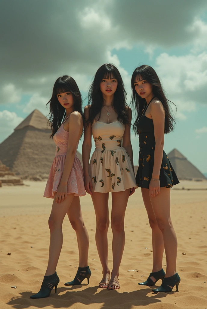 Woman, 3 Japanese, (masterpiece: 1.4), (8K, realistic, RAW photo, best quality: 1.4), delicate eyes, double eyelid,smile, wolf cut,mini dress, stickers snake on,they are on the sand at pyramid,the sky are danger and rain,heels cool