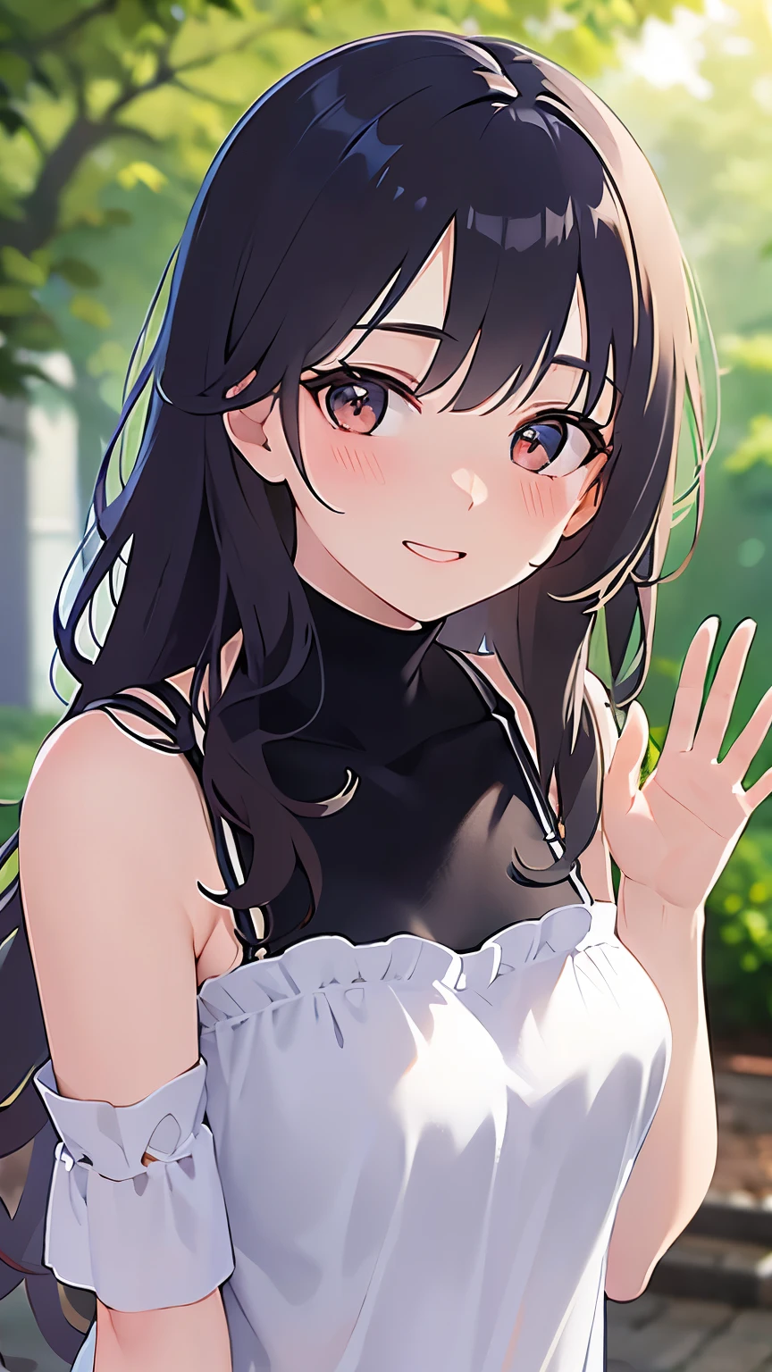 Biologically correct five fingers、(waving hand:1.5), Upper Body, Realistic, real person, (pale skin: 1.2), RAW photo, photorealistic, shiny skin, shiny hair、(A 2 woman with medium-length hair and bangs) and (wavy hair) and (brown hair) and (orange eyes) , White off-shoulder blouse 、smile, (blush:1.5), park、Alone、Are standing