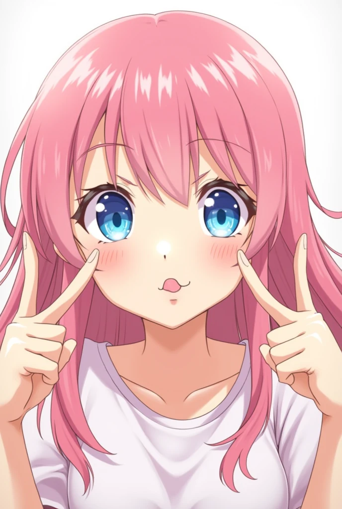 Anime girl with pink hair and blue eyes sticking out her tongue and raising two fingers on both sides of her face