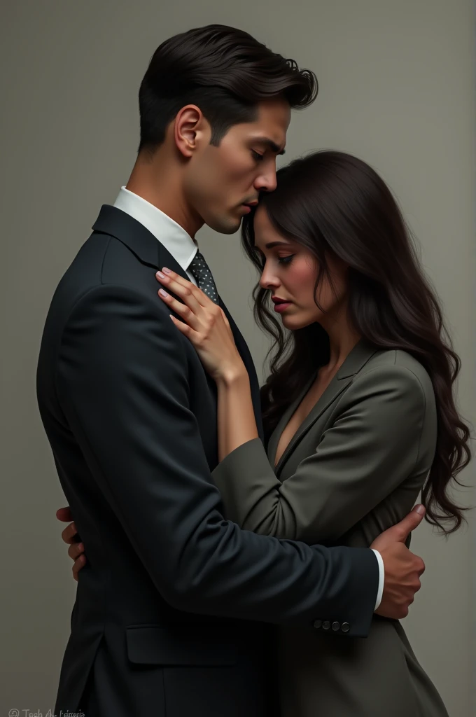 A man in a suit hugs a crying woman.