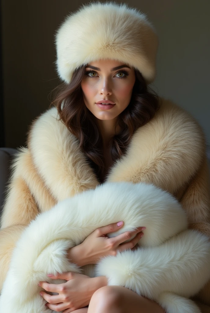a beautiful woman wearing a very wide and extremely thick white mink fur coat, the coat is 200cm thick and fluffy, with an extremely thick white mink fur collar, 3 layers, (fur fashion show), garter belt, nordic beauty, high ponytail, (gigantic breasts), (lying on bed)
