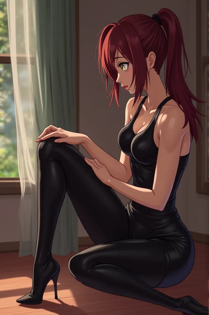 Anime girl eighteen years old lesbian sex slave in black latex clothes in latex pants barefoot licks feet of her mistress