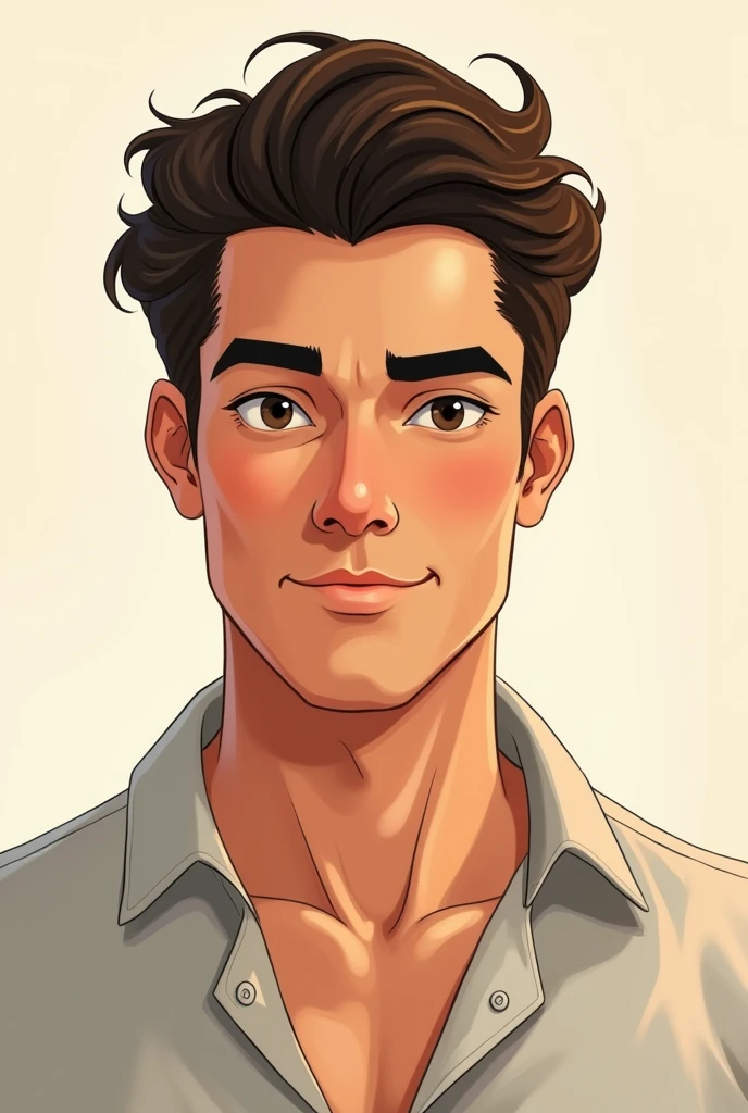 Charming man's avatar with glasses could be a strong, yet gentle, illustration of a man with a subtle smile and piercing eyes, representing his bold and compassionate nature. Open shirt buttons 