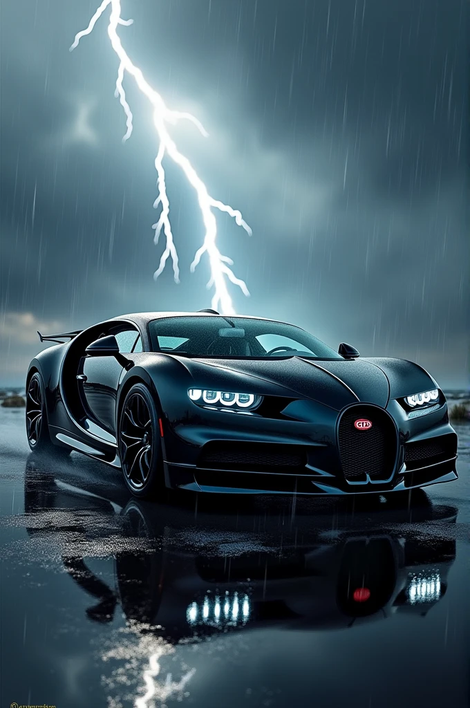 A black bugatti car in rain thunder in wallpaper size