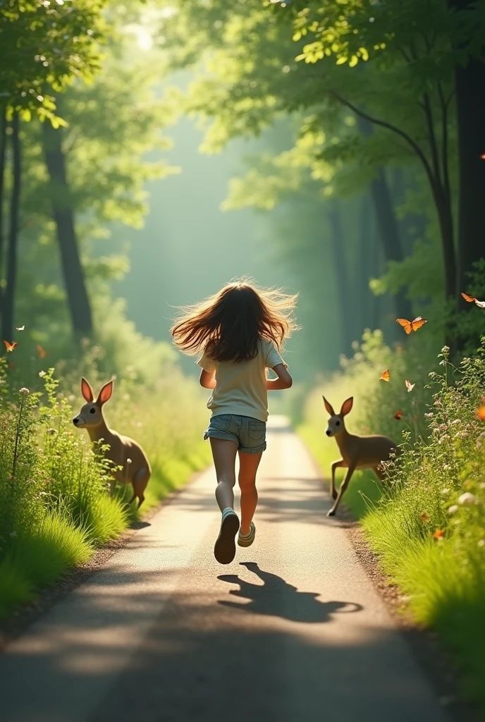 Create a video A girl run  in the road side by side green tree 
And many animals are moving in their surrounding
