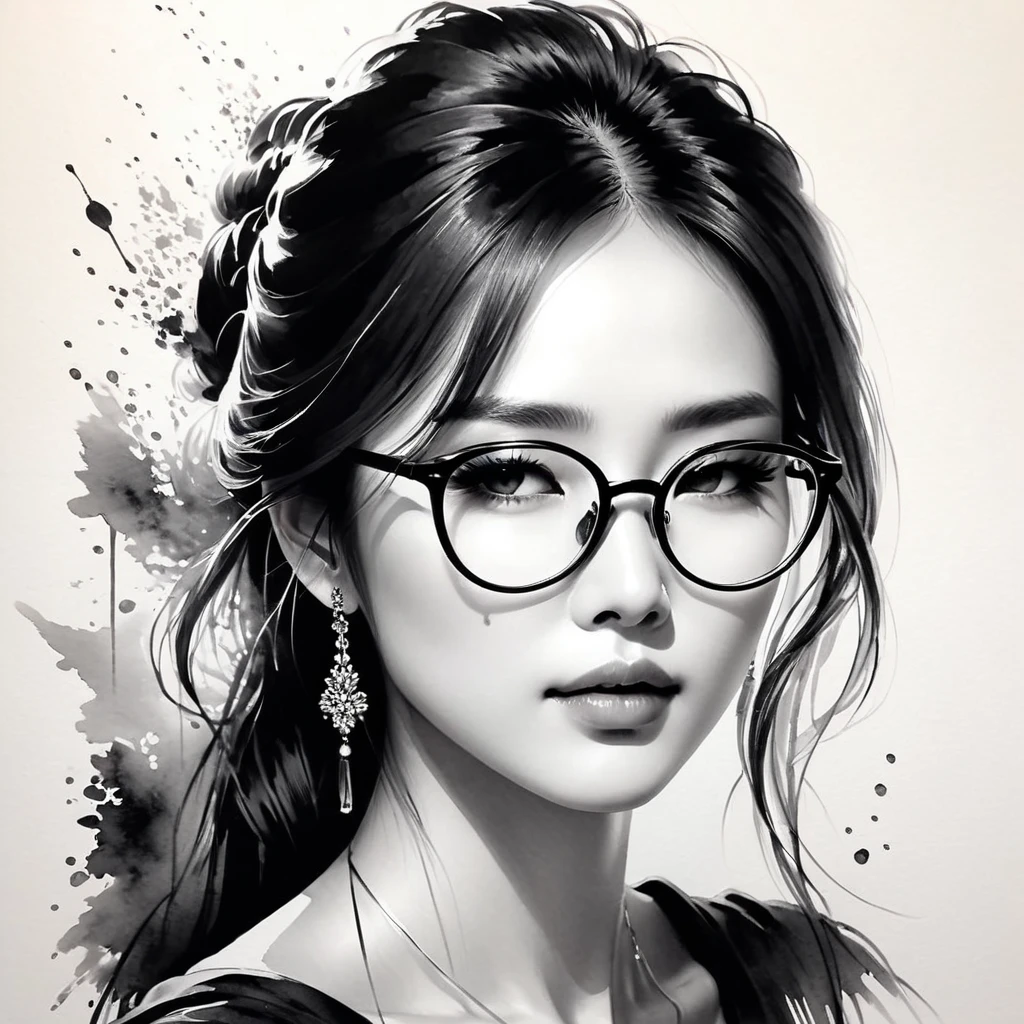 Elegant Maiden,Black and White水墨画,Pen sketch,Gentle brush strokes,Draw delicate lines with a pen,Fluid Action,Subtle ink shades,Graceful posture,Peaceful look,Delicate facial features,Black and White,clean,Tears flowing、Big tears、Glasses、