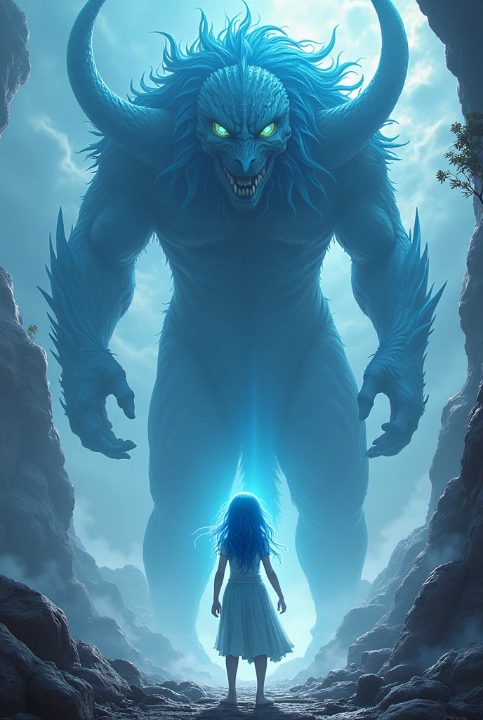 ((best quality)), ((masterpiece)), (detailed),,Girl with blue hair and skin,There stood a huge monster