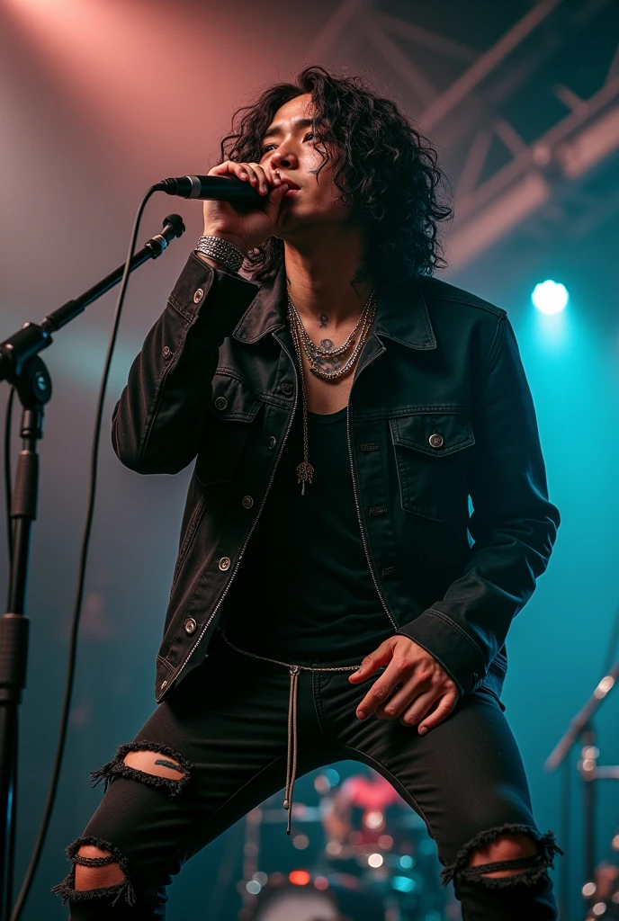 Photography of a 20 year old Asian guy with long curly hair wearing a black jacket with tattoos, ripped jeans, chain accessories, boots, holding a mic on stage, singing expression