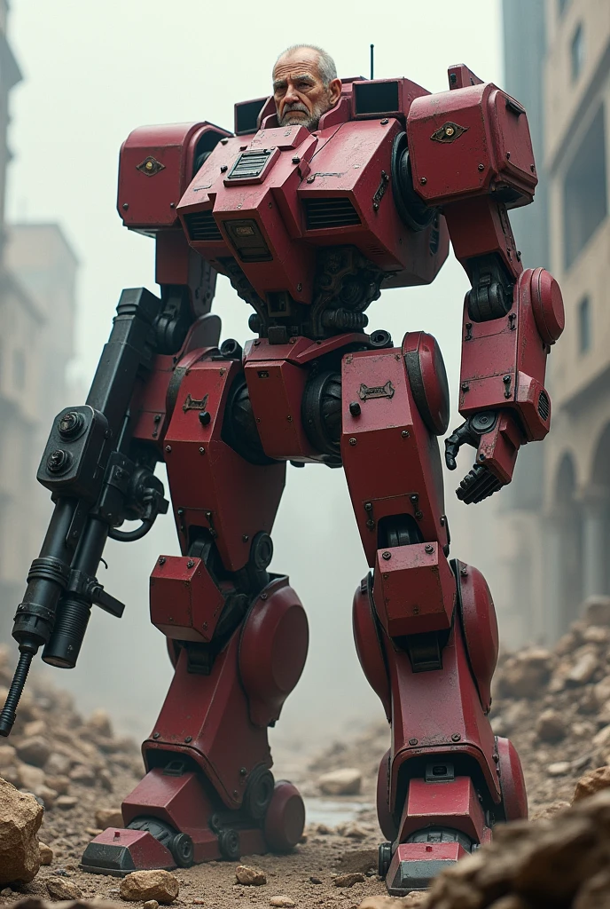 Create an old man inside a wine-colored military battle robot