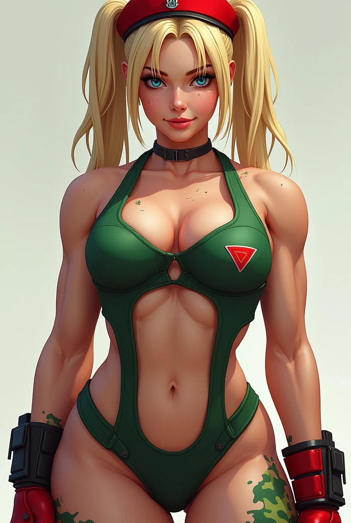 Masterpiece, 4k, altoly detailed, Cammy de Street fighter, Looking to the camera, blue eyes, platinum blonde hair combed into long pigtails with a small blade of bangs over her forehead, Wide titis, Cammy, ((a scar on her left cheek)), Beautiful woman dressed as a soldier ((Green thong class leotard and the Delta Red triangle insignia on her left chest)), ((military tactical stolera)), (((On his head he wears a red military beret))), Black combat boots and red gauntlets, (his legs are sparsely decorated with green camouflage paint), Clear half-length image, smiling at the viewer, Extreme amount of detail, (Make every pixel count to draw the most beautifully detailed art you can:1.1), analog style, bright colors, symmetrical, centered, close-up, feminine, athletic, adapt, narrow waist, tall, tanned skin, [(colorful explosion psychedelic paint colors:1.1)::0.125], realistic body proportions, realistic, photo-realistic, 8k, altoly detailed, LED light, laser lights, fruity, (thepit bimbo:0.5), Lustroso,anatomically correct, symmetricalal anatomy