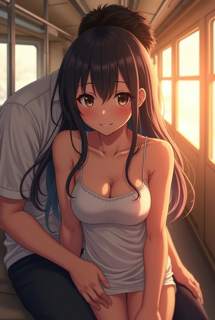 ((Highest quality, 8k, RAW Photos, masterpiece :1.3)), (Realistic、Realistic:1.37)、Very detailed、Ultra-high resolution, ((From above:1.2)),((Full body photo)),Small breasts、Perfect Face、Beautiful expression、Beautiful Face、Beautiful Eyes、1 high school girl、Nogizaka-style beautiful girl:1.4,Real-life beautiful girl、Beautiful black hair、(No bra、Sleeveless camisole:1.2、The shoulder straps are slipping and falling off.、Shoulders exposed:1.3,mini skirt)、The bright interior of a train with sunlight streaming in、((((A woman leaning against a man、Man hugging woman from behind、Men touch women's breasts:1.3、A man lifts a woman's skirt to see her panties:1.2、Button-down shirt:1.2))))、caress、Embarrassing expression、Blushing、The man has a vulgar look、Man hugging