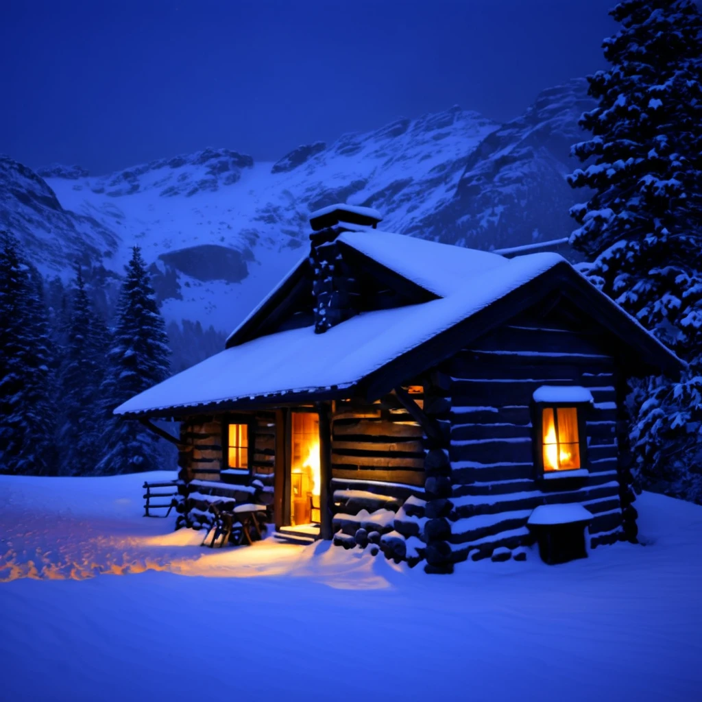 Old-fashioned, Snow Scene, Mountain hut, Fireplace light, Snowfall