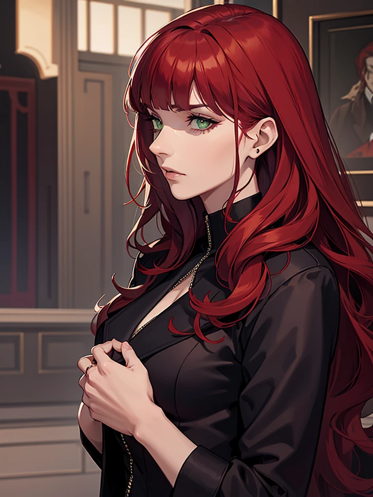 mature woman, green eyes, red hair with long bangs, noble, mafia. sadistic women, wavy long hair. wear black purple jacket. strong woman. background in mansion