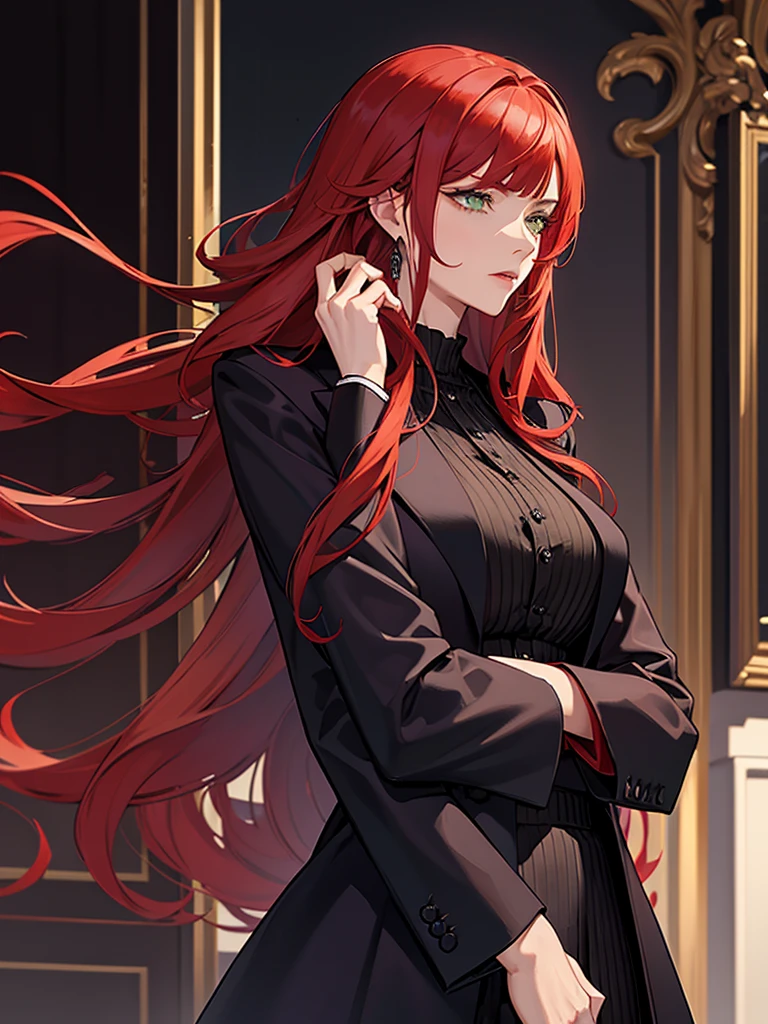 mature woman, green eyes, red hair with long bangs, noble, mafia. sadistic women, wavy long hair. wear black purple jacket. strong woman. background in mansion