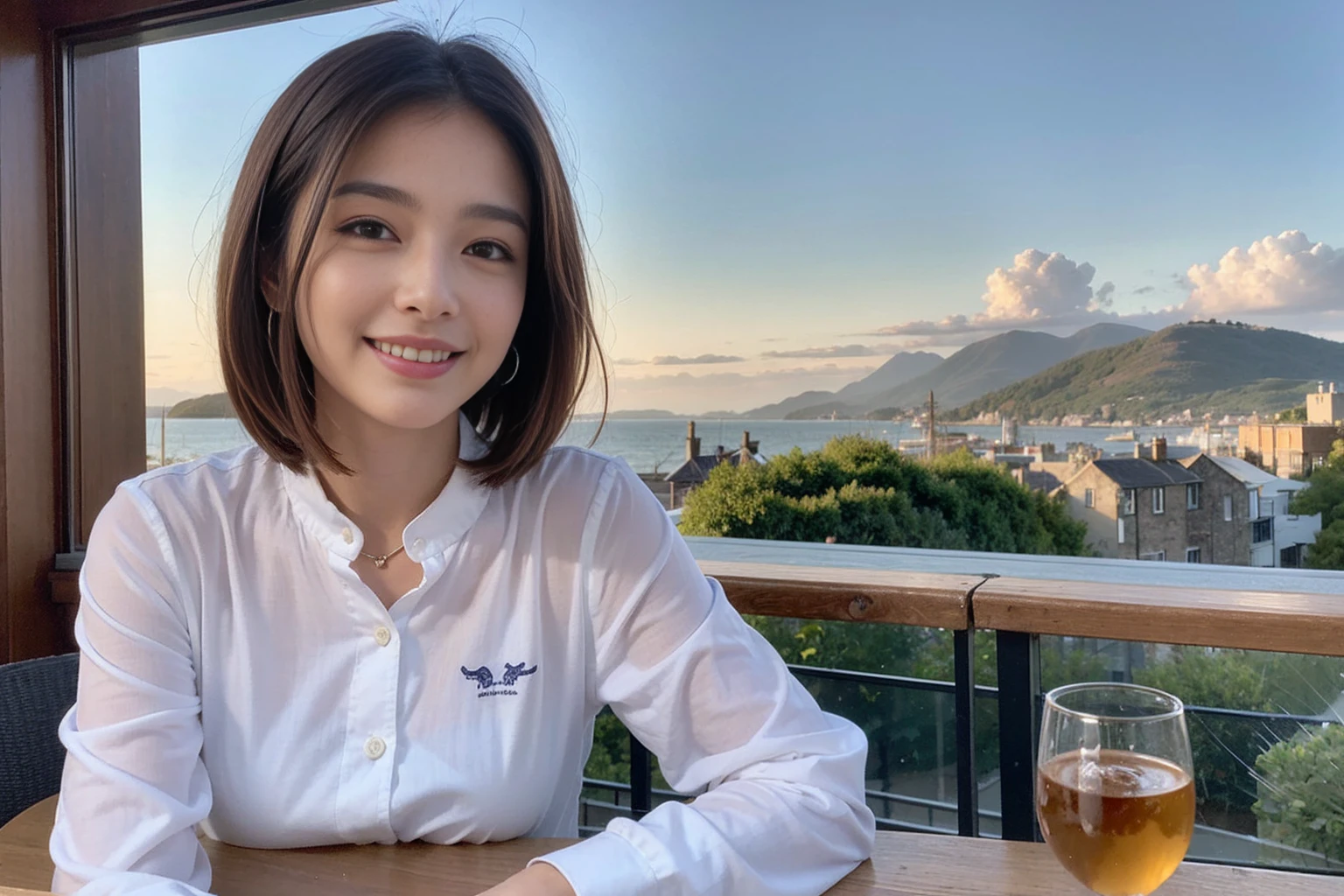 ((Highest quality、8k、masterpiece:1.3))、1 male、1 female、spouse、Beautiful couple、smile、 (Slim face), (The body is スリム), (Brown Hair), (Shortcuts), ((Bob Hale、Straight hair:1.2)), Whiskey bottle and glass on table、Single Malt、scotch、Shot Glass、on the rocks、Scotland、shine light on the face、 Amazing view of the sunset sky and clouds、Amazing mountain views、smileの美しさ、Bright image、blush, Shortcuts,Bright Face、 (4), 3, Appetizers、Italian food、Long sleeve shirt、dress、Attractive beauty、restaurant, Nova Frog Style, actress, model, Upper Body,