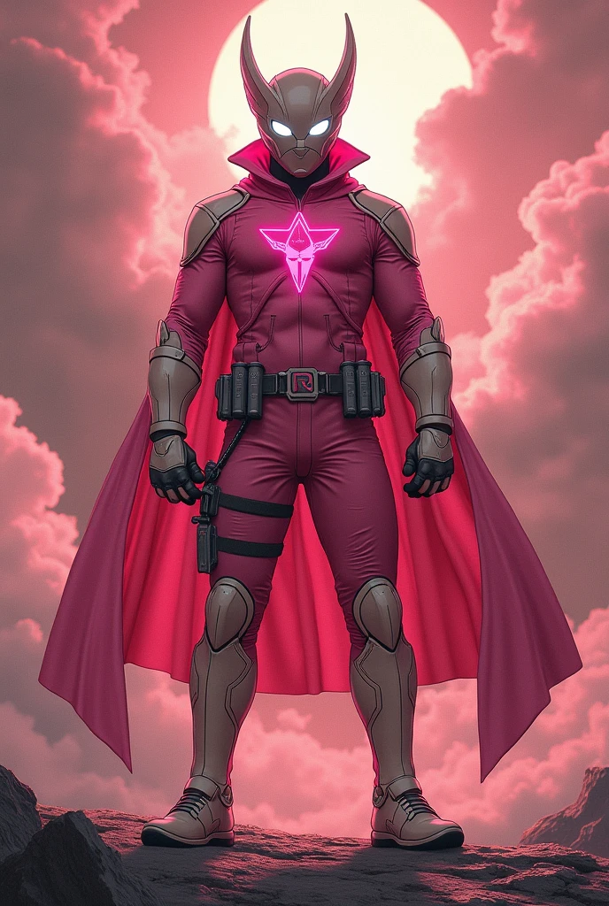 high-tech suit, posterize effects, malaysian superhero (KELUANG MAN) in a striking pink and biege costume stands confidently in a dramatic, stormy landscape. The character wears domino mask beige a helmet beige with pointed ears beige and a flowing cape beige color. Pink jumpsuit cyberpunk concept.. Equipped with beige visible futuristic weapons on a belt,((white eyes)) they exude a powerful presence against a backdrop of swirling clouds and a red hue sky.((Scale honeycomb hero concept))The ground is uneven and rocky, pink cargo pants.adding to the intense atmosphere. Triangle shape logo on chest. Logo punisher on chest pink color.. --ar 3:4 --style raw --stylize 500 --v 6.1. red pink and beige costume.