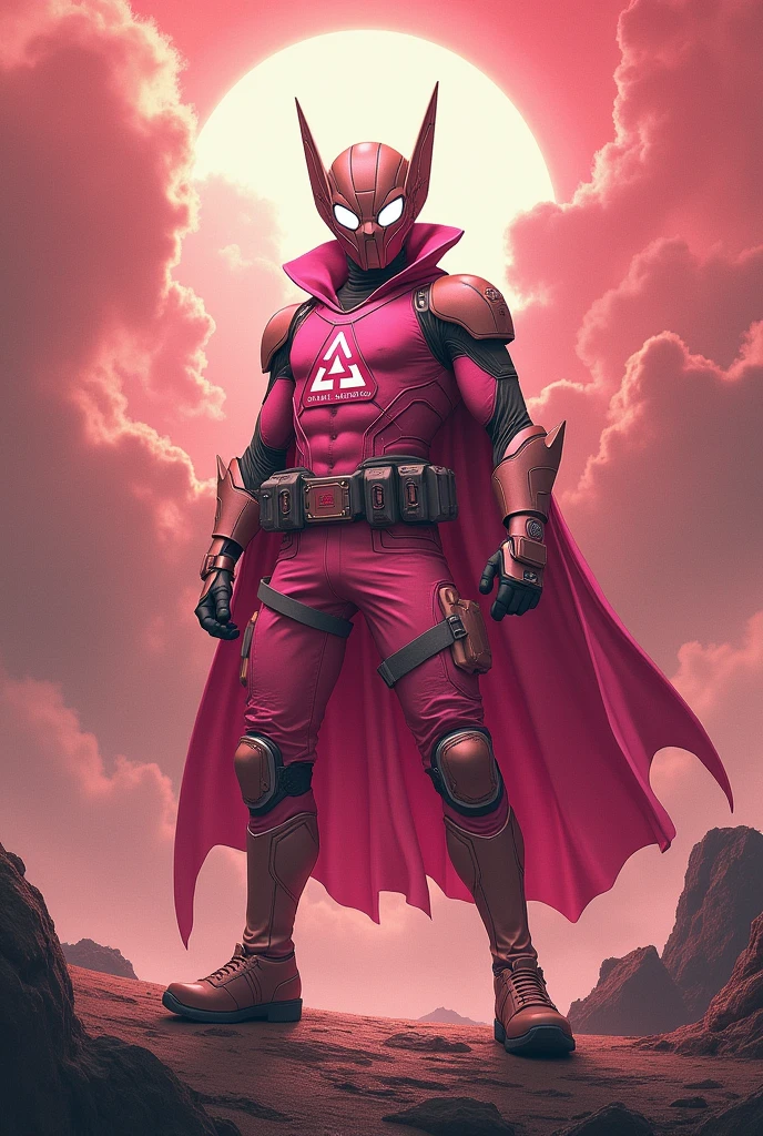 high-tech suit, posterize effects, malaysian superhero (KELUANG MAN) in a striking pink and biege costume stands confidently in a dramatic, stormy landscape. The character wears domino mask beige a helmet beige with pointed ears beige and a flowing cape beige color. Pink jumpsuit cyberpunk concept.. Equipped with beige visible futuristic weapons on a belt,((white eyes)) they exude a powerful presence against a backdrop of swirling clouds and a red hue sky.((Scale honeycomb hero concept))The ground is uneven and rocky, pink cargo pants.adding to the intense atmosphere. Triangle shape logo on chest. Logo punisher on chest pink color.. --ar 3:4 --style raw --stylize 500 --v 6.1. red pink and beige costume.