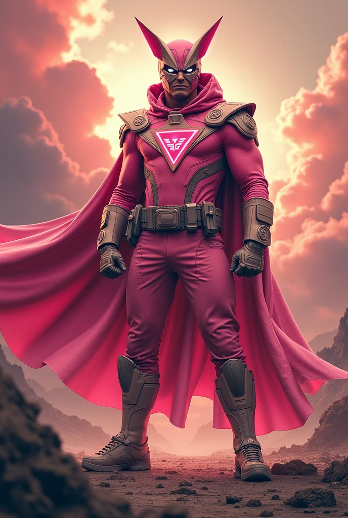 high-tech suit, posterize effects, malaysian superhero (KELUANG MAN) in a striking pink and biege costume stands confidently in a dramatic, stormy landscape. The character wears domino mask beige a helmet beige with pointed ears beige and a flowing cape beige color. Pink jumpsuit cyberpunk concept.. Equipped with beige visible futuristic weapons on a belt,((white eyes)) they exude a powerful presence against a backdrop of swirling clouds and a red hue sky.((Scale honeycomb hero concept))The ground is uneven and rocky, pink cargo pants.adding to the intense atmosphere. Triangle shape logo on chest. Logo punisher on chest pink color.. --ar 3:4 --style raw --stylize 500 --v 6.1. red pink and beige costume.