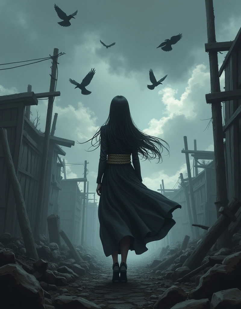 Create a anime style landscape image. Digital anime style featuring a lone figure standing amidst a desolate, post-apocalyptic landscape. The character has long, dark hair blowing in the wind, and is dressed in a dark, flowing robe with a thick, rope-like belt around the waist. The background is filled with broken wooden structures and debris, with a stormy, overcast sky adding to the dramatic atmosphere. Black crows are flying around the scene, enhancing the sense of desolation and mystery. The overall color palette is dark and muted, with shades of gray and black dominating the image.