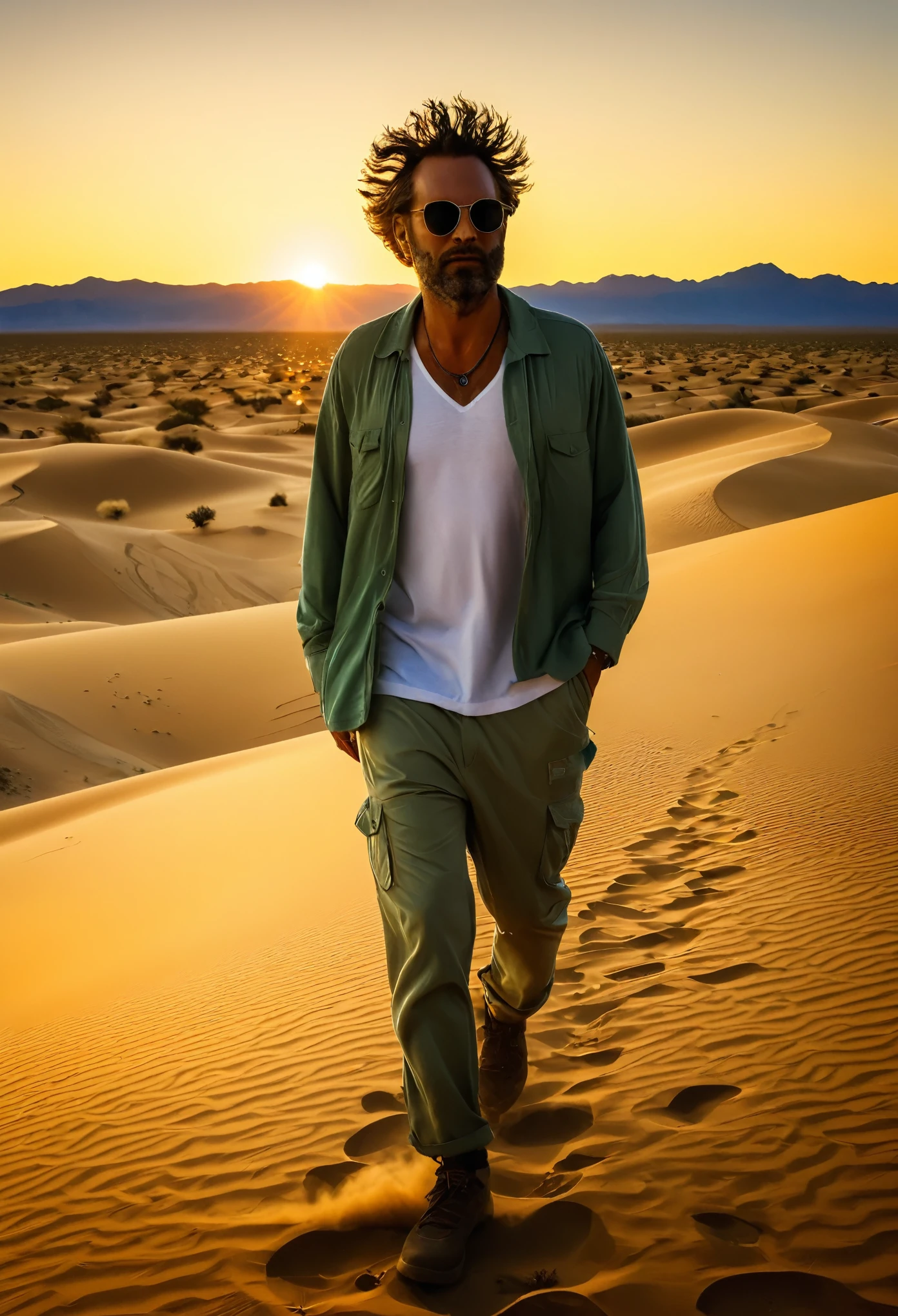 /I A cinematographic style photo of a man under the influence of mescaline walking in the wirikuta desert wearing casual clothes at dawn