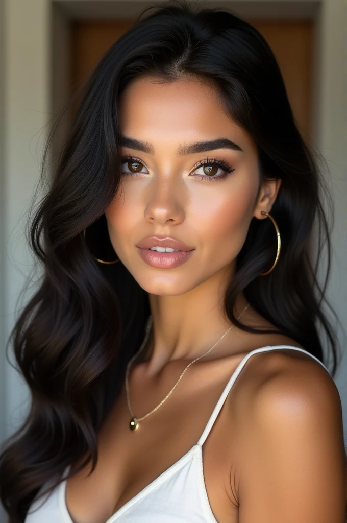 "A close-up portrait of a young woman with long, wavy black hair and soft, natural makeup. She has well-defined eyebrows, subtle eye makeup with winged eyeliner, and nude lipstick with a hint of pink. The woman wears gold hoop earrings and a delicate necklace, and she poses in a softly lit room, creating a warm and inviting atmosphere. Her expression is calm and confident, and her outfit is simple, featuring a white top with thin straps. The background includes a door and wall in a neutral-colored room."