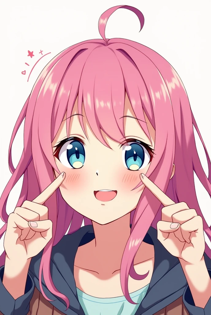 Anime girl with pink hair and blue eyes sticking out her tongue and raising two fingers on both sides of her face
