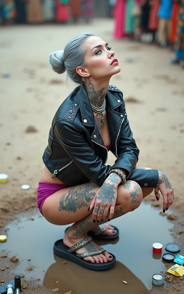 russian milf woman, grey  hair (straight, side bun), with very light blue eyes, extremely pale skin. All neck tattooed. Hands and forearms all tattooed.vTighs all tattoed. Wearing cropped aged black moto jacket with lots of zippers and pins, flipped up collar.. fuchsia bikini.. flip flops. . Dirty knees, dirty feet and muddy hands.  Squatting on a puddle with hands on her hips, looking up, chin up, stretching her neck , humble facial expression.  Black nail polish. studded black leather tote bag with chain on the floor, next to her.. Listening looking up in amazement to somebody speaking to her from the sky, upper teeth visible. Well toned abdominals, thin neck, slim legs and thin arms. Narrow hips Cleavage, stomach, neck, tigh and hands completely covered with tattoos. Dirt street in Kenyan village full of waste. Lots of silver bracelets, silver pendants and collars around all the beck. A lot of tanned fat women  in traditional dresses around looking at her. next to her, all her belongings scattered on the floor: tobacco packs, makeup kit, little makeup mirror, studded black leather tote bag, lipstick, wallet, moble etc on the floor, point of view; from above