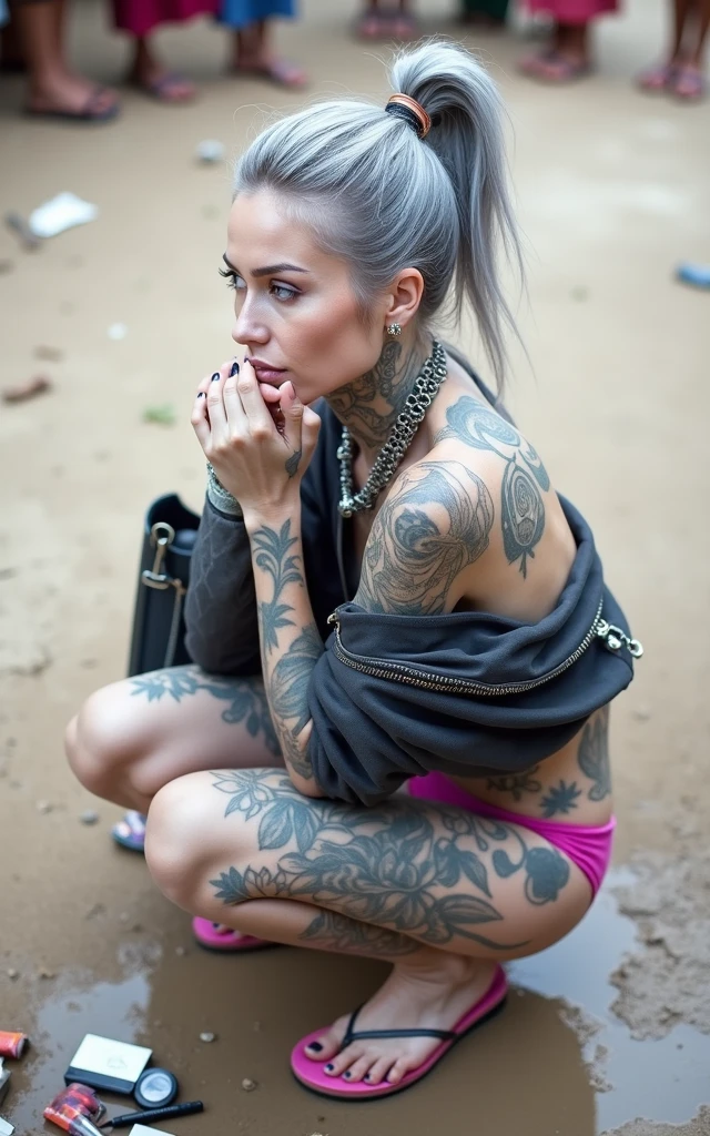 russian milf woman, grey hair (straight, side bun), with very light blue eyes, extremely pale skin. All neck tattooed. Hands and forearms all tattooed.vTighs all tattoed. Wearing cropped aged black moto jacket with lots of zippers and pins, flipped up collar.. fuchsia bikini.. flip flops. . Dirty knees, dirty feet and muddy hands. Squatting on a puddle with hands on her hips, looking up, chin up, stretching her neck , humble facial expression. Black nail polish. studded black leather tote bag with chain on the floor, next to her.. Listening looking up in amazement to somebody speaking to her from the sky, upper teeth visible. Well toned abdominals, thin neck, slim legs and thin arms. Narrow hips Cleavage, stomach, neck, tigh and hands completely covered with tattoos. Dirt street in Kenyan village full of waste. Lots of silver bracelets, silver pendants and collars around all the beck. A lot of tanned fat women in traditional dresses around looking at her. next to her, all her belongings scattered on the floor: tobacco packs, makeup kit, little makeup mirror, studded black leather tote bag, lipstick, wallet, moble etc on the floor, point of view; from above