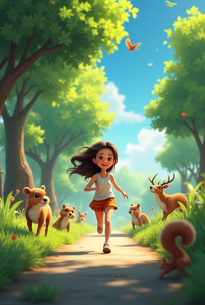 Create a video A girl running in the road side by side green tree
And many animals are moving in their surrounding