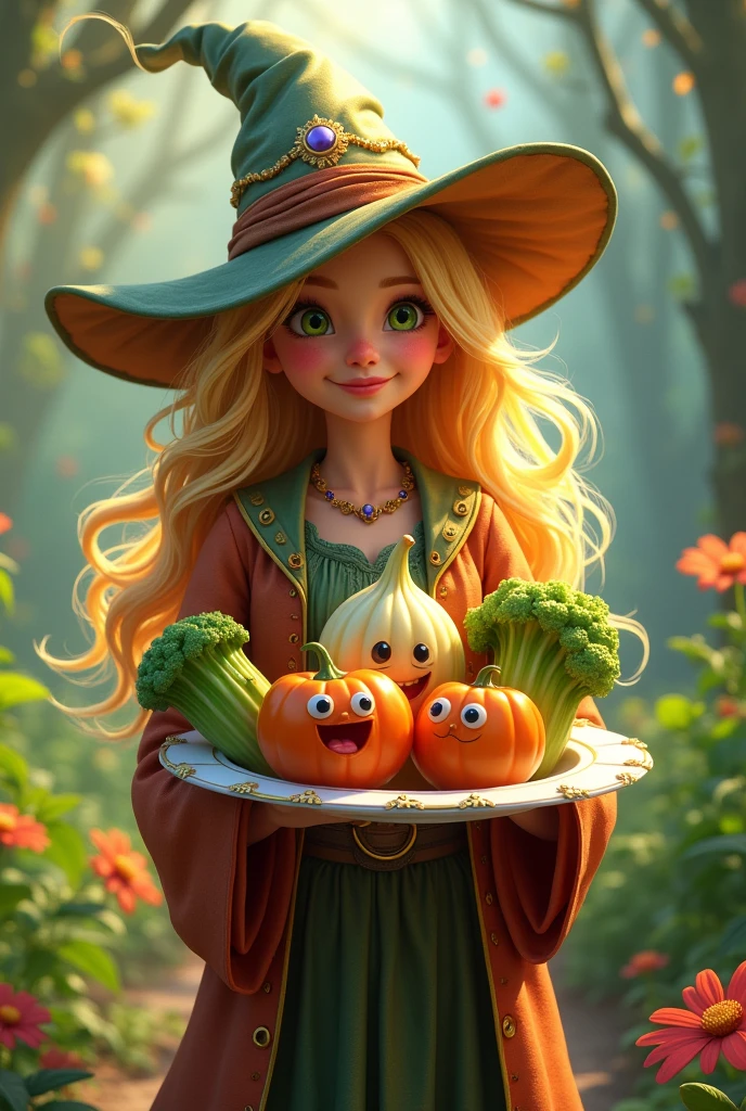 Cheerful Blonde Witch Holding Plate With Live Vegetables With Eyes