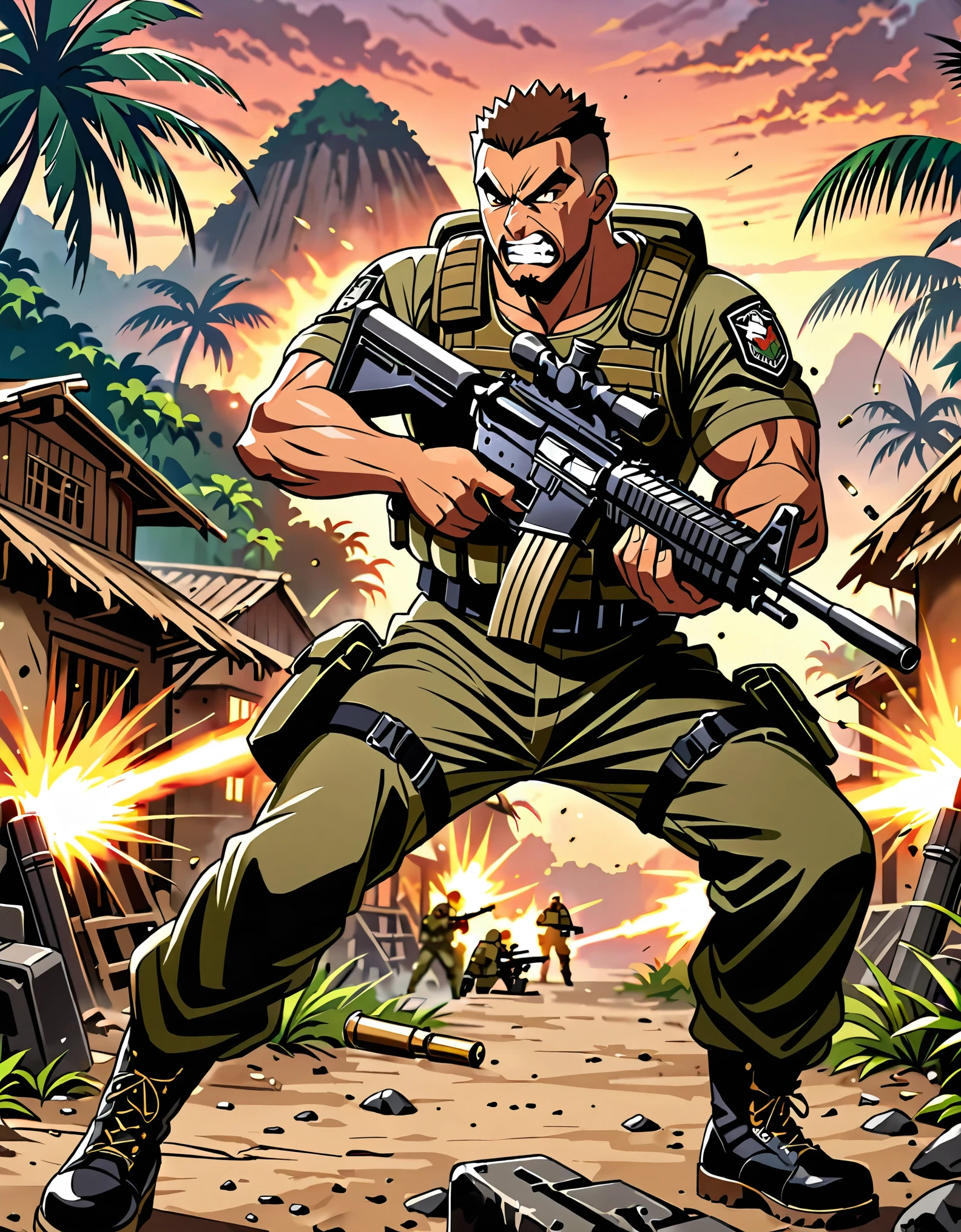 (masterpiece), (best quality), (hires), solo, solo focus, male focus, muscular mercenary, firing machine gun, assault rifle, shell casings, brown hair, brown eyes, crew cut, spiky hair, facial hair, angry, clenched teeth, jungle village, dusk, war zone background, tactical gear, combat boots, dynamic action pose, standing, gritty atmosphere.