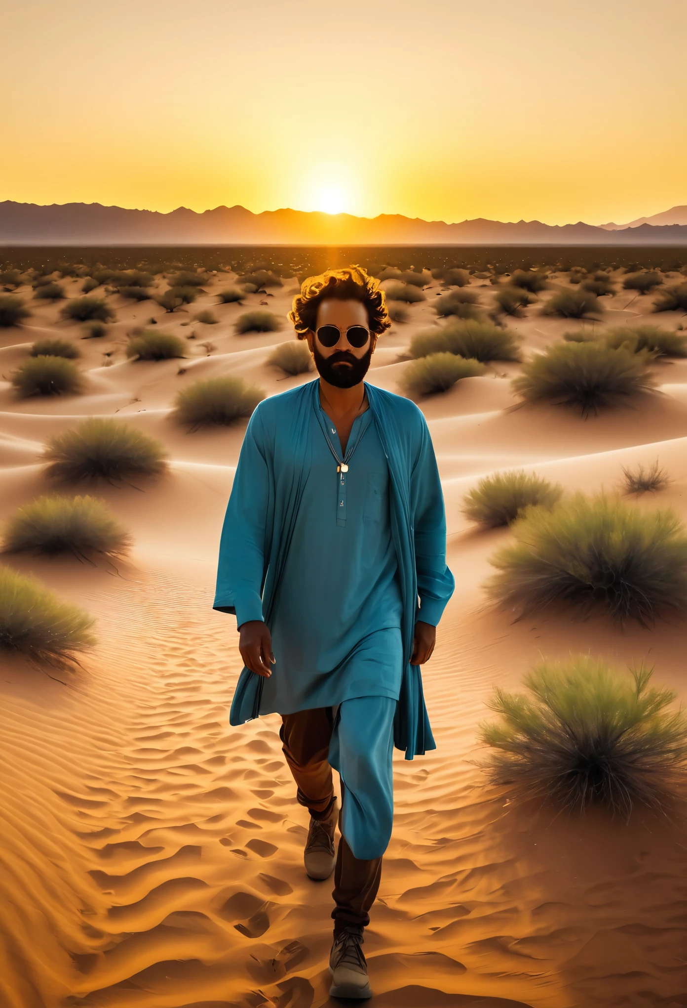 /I A cinematographic style photo of a man under the influence of mescaline walking in the wirikuta desert wearing casual clothes at dawn