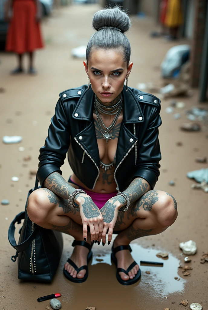 russian milf woman, grey hair (high pompadour, top bun), with very light blue eyes, extremely pale skin. All neck tattooed. Hands and forearms all tattooed.vTighs all tattoed. Wearing cropped aged black moto jacket with lots of zippers and pins, flipped up collar.. fuchsia bikini.. flip flops. . Dirty knees, dirty feet and muddy hands. Squatting on a puddle with hands on her hips, looking up, chin up, stretching her neck , humble facial expression. Black nail polish. studded black leather tote bag with chain on the floor, next to her.. Listening looking up in amazement to somebody speaking to her from the sky, upper teeth visible. Well toned abdominals, thin neck, slim legs and thin arms. Narrow hips Cleavage, stomach, neck, tigh and hands completely covered with tattoos. Dirt street in Kenyan village full of waste. Lots of silver bracelets, silver pendants and collars around all the beck. A lot of tanned fat women in traditional dresses around looking at her. next to her, all her belongings scattered on the floor: tobacco packs, makeup kit, little makeup mirror, studded black leather tote bag, lipstick, wallet, moble etc on the floor, point of view; from above
