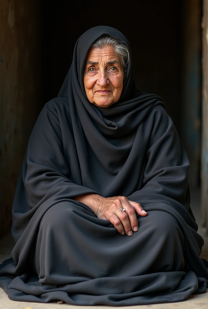 Bbw Arab veiled grandmother sitting on the floor and looking at the photographer