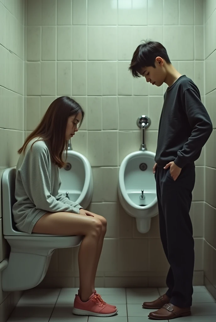 a beautiful teenage girl is in the boy's bathroom, sitting in a urinal peeing, awkward position ( while a random teenage boy is peeing beside her( standing) in a another urinal) photorealistic, extremely detailed, 8k