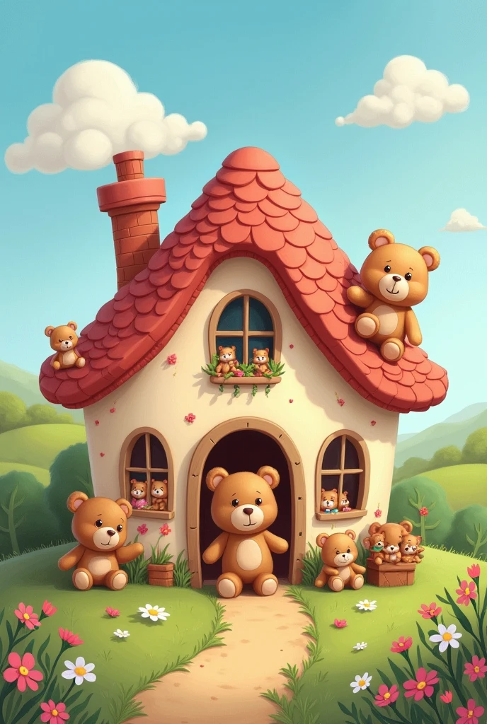 A teddy bear house with cartoon drawings