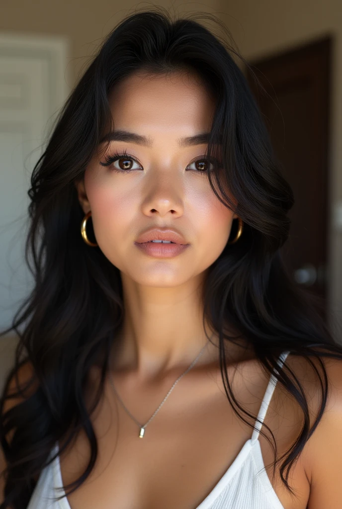 "A close-up portrait of a young woman with long, wavy black hair and soft, natural makeup. She has well-defined eyebrows, subtle eye makeup with winged eyeliner, and nude lipstick with a hint of pink. The woman wears gold hoop earrings and a delicate necklace, and she poses in a softly lit room, creating a warm and inviting atmosphere. Her expression is calm and confident, and her outfit is simple, featuring a white top with thin straps. The background includes a door and wall in a neutral-colored room."