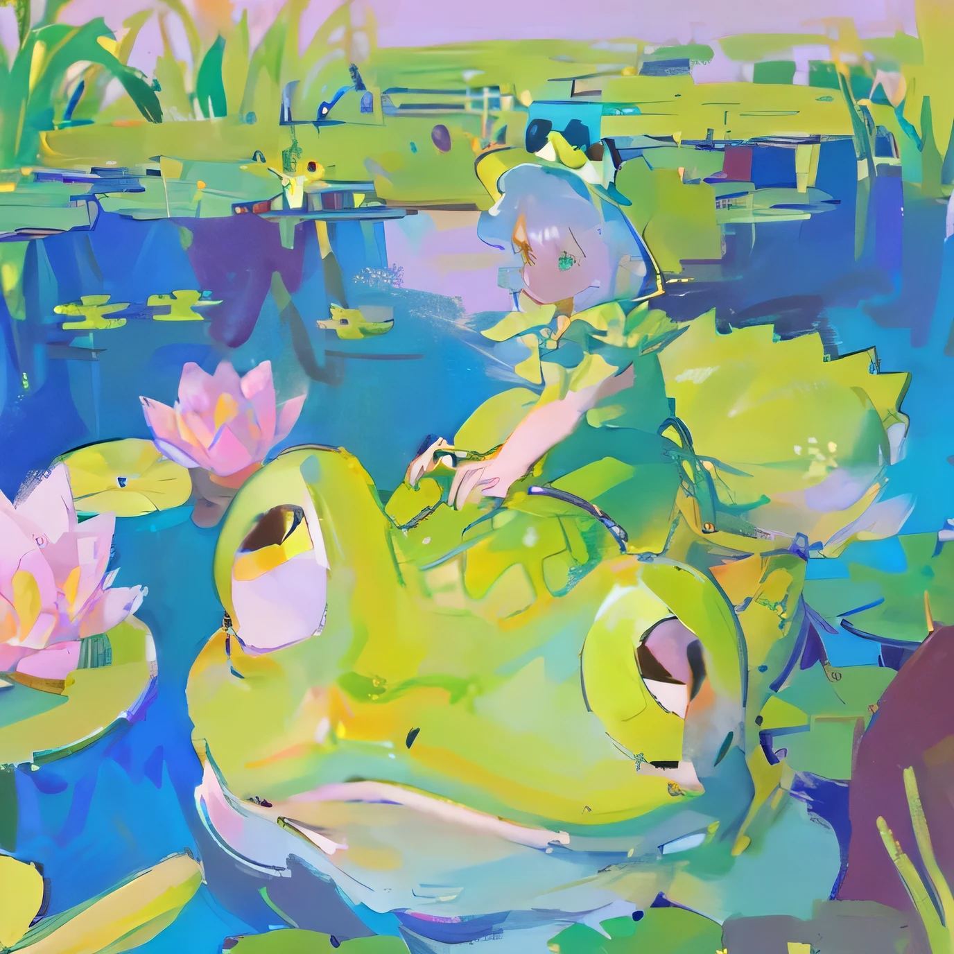 cartoon drawing of a girl riding a frog in a pond, lying on lily pad, in a pond, in a swamp, monet and da vinchi art style, sitting at a pond, frog themed, peepo the frog!!!, inspired by Yanagawa Shigenobu, cel - shaded art style, in a lake, lily pad, with a cute toad